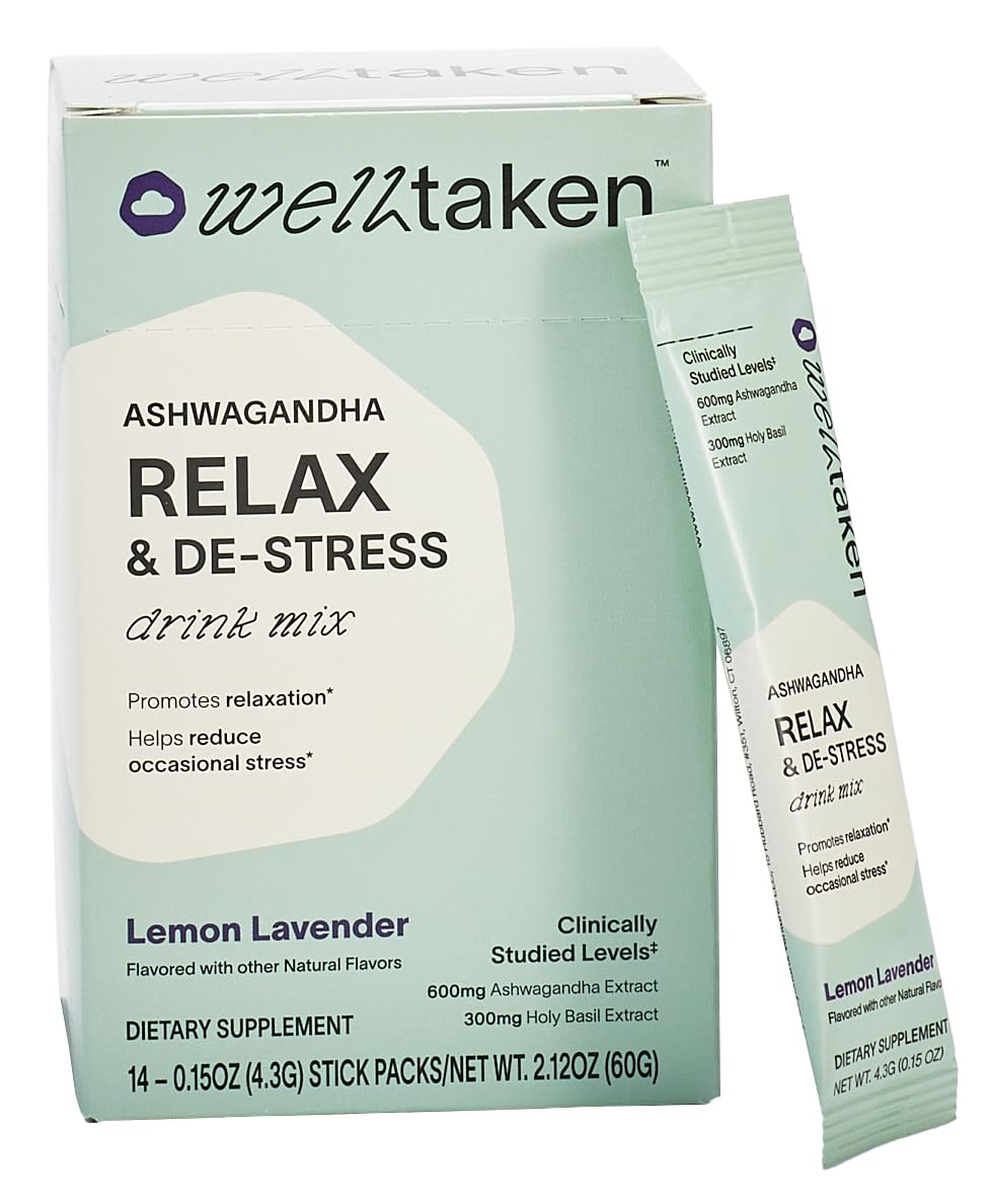 WellTaken Ashwagandha Relax & De-Stress box shows lemon lavender flavor for daily calm