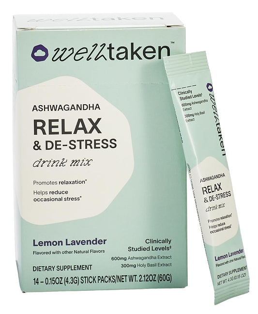 WellTaken Ashwagandha Relax & De-Stress box shows lemon lavender flavor for daily calm