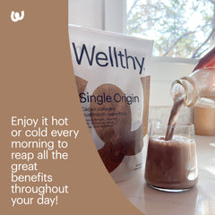 Wellthy Collagen Superfood Powder beside a matcha tin illustrating organic matcha.