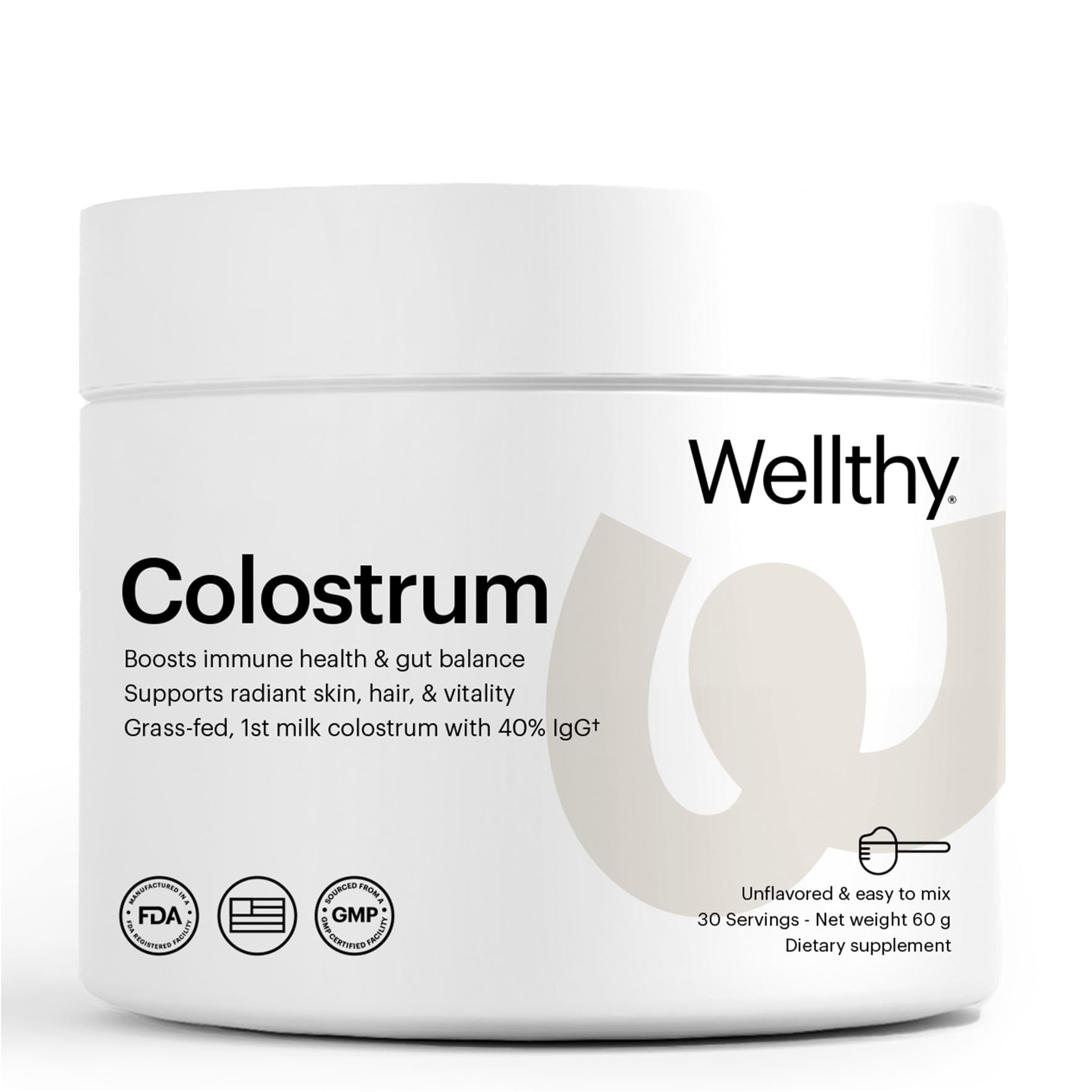 Wellthy Colostrum Powder front view shows a premium grass-fed formula for daily support.
