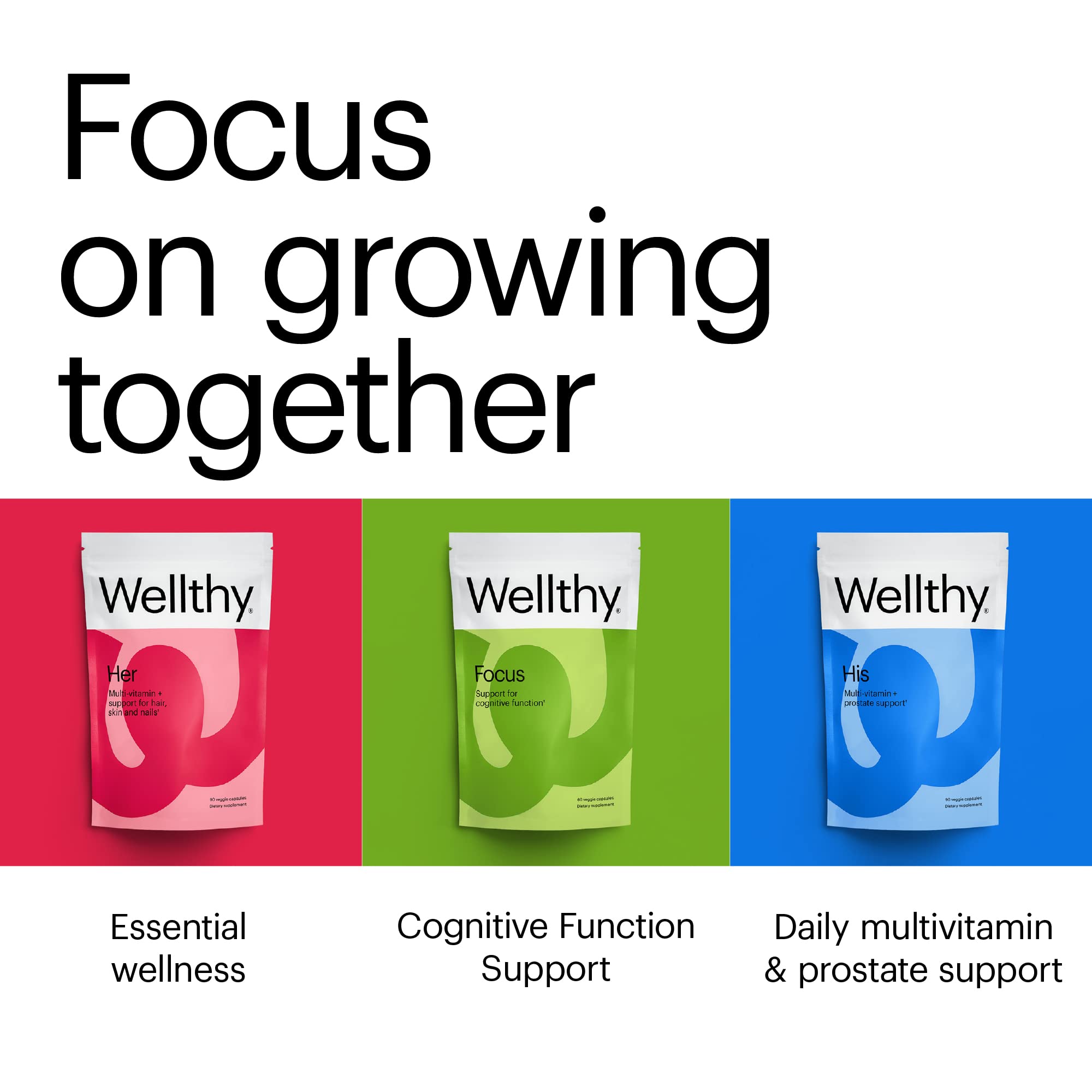 Wellthy Focus packaging close-up highlighting vegan and dairy-free formulation