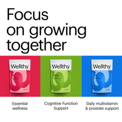 Wellthy Focus packaging close-up highlighting vegan and dairy-free formulation