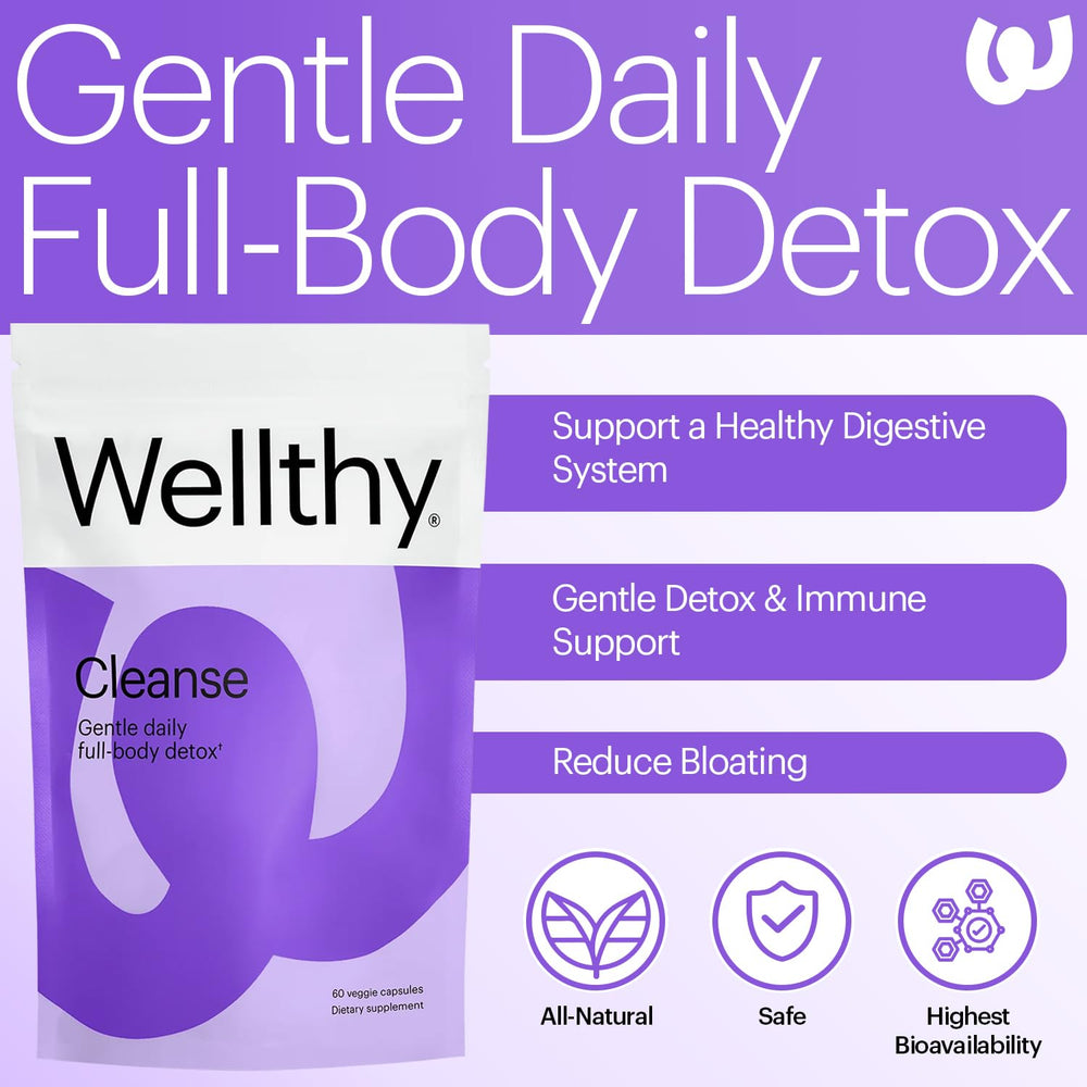 Wellthy detox capsules close-up showing easy-to-swallow daily take.
