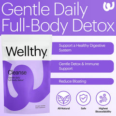 Wellthy detox capsules close-up showing easy-to-swallow daily take.