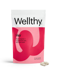 Wellthy HER daily multivitamin bottle with natural ingredients for daily hair and skin support.