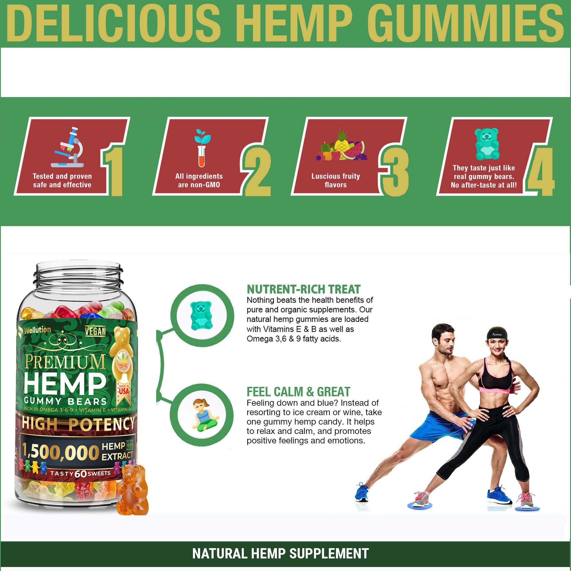 WELLUTION Hemp Gummies gluten-free label on premium packaging