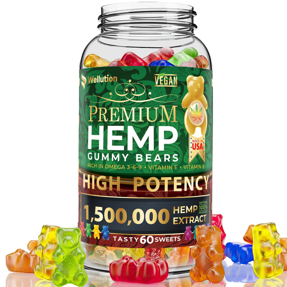 WELLUTION Hemp Gummies bottle with potency label for fast support