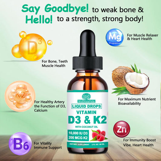 WellVeraVida D3 K2 bottle side-label detailing MK-7 K2 and coconut oil carrier.