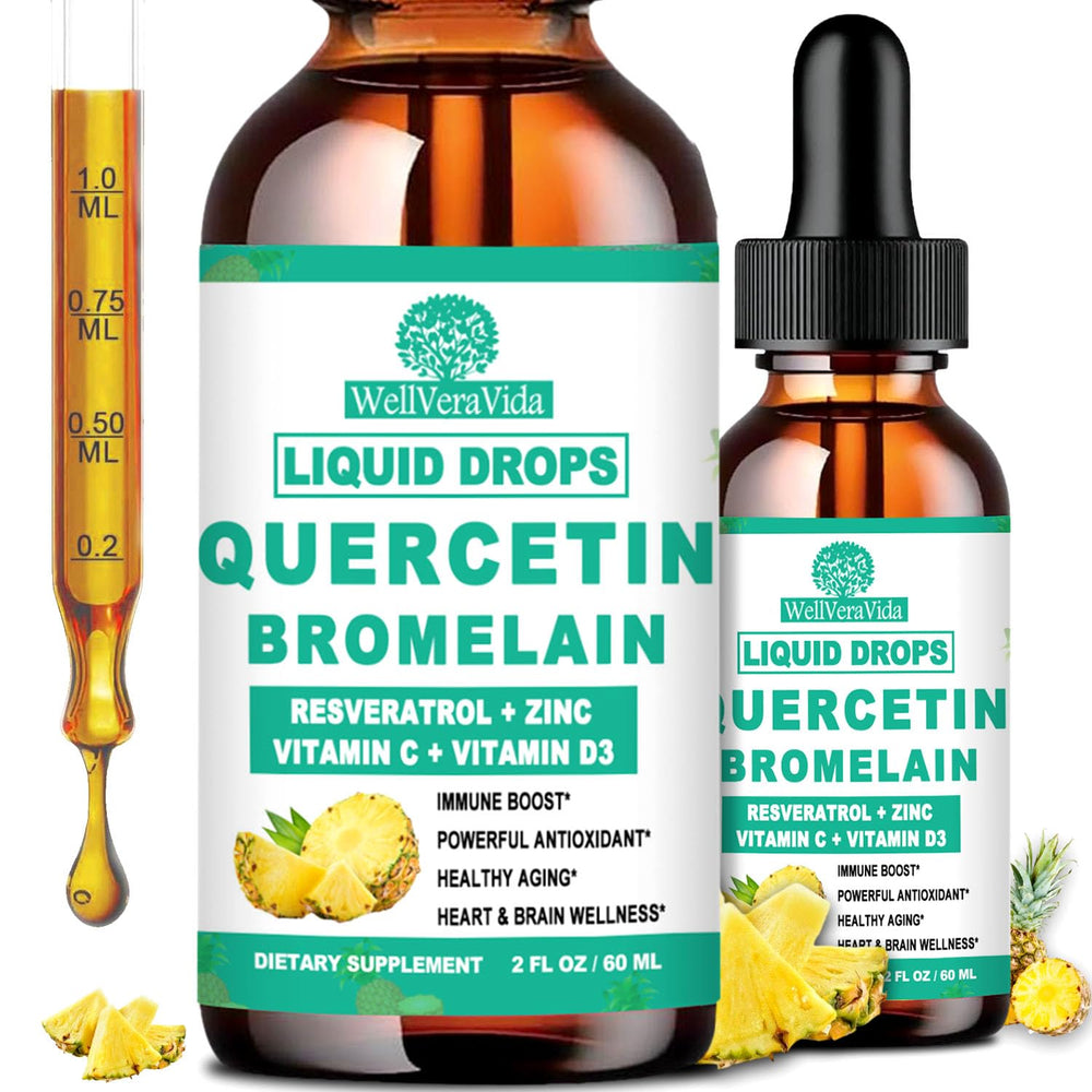 WellVeraVida quercetin-bromelain liquid drops bottle for immune support and antioxidant protection.