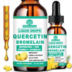 WellVeraVida quercetin-bromelain liquid drops bottle for immune support and antioxidant protection.