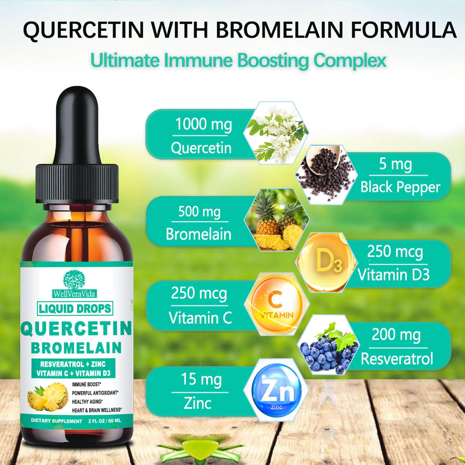 WellVeraVida quercetin-bromelain liquid drops dispensing dropper for quick daily use.