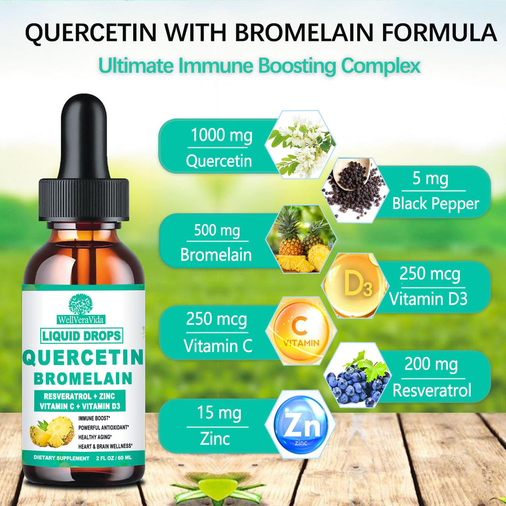 WellVeraVida quercetin-bromelain liquid drops dispensing dropper for quick daily use.