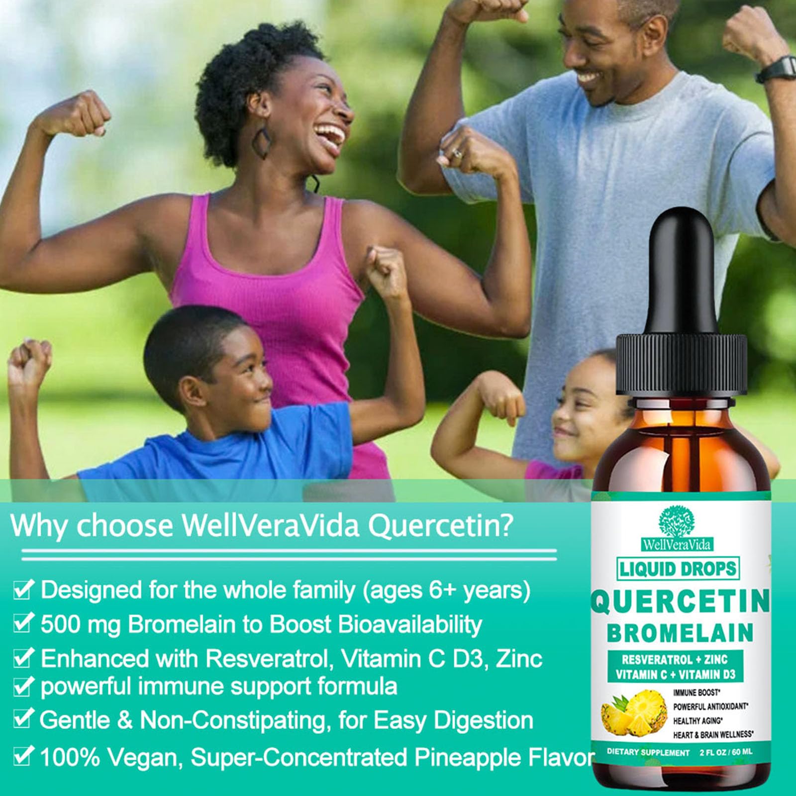WellVeraVida quercetin-bromelain liquid drops vegan non-GMO formula.
