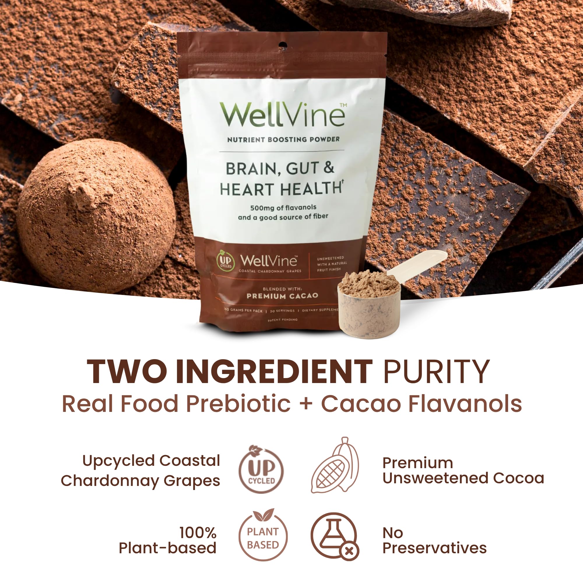 WellVine Nutrition Boosting Blend label graphic emphasizing clean ingredients.