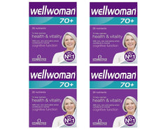 Wellwoman 70+ bottle close-up showing a micronutrient blend for daily vitality