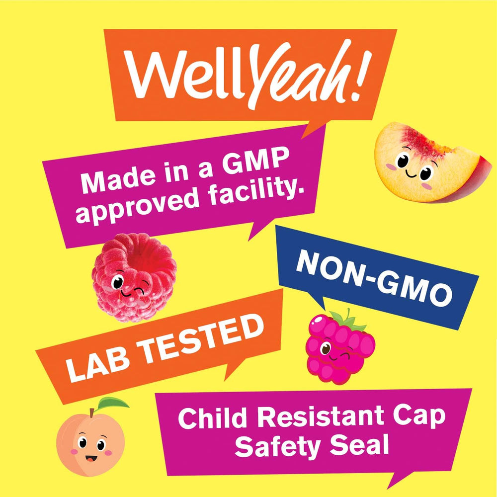 WellYeah chewable gummies for children, serving suggestion, easy dose for ages 2+.