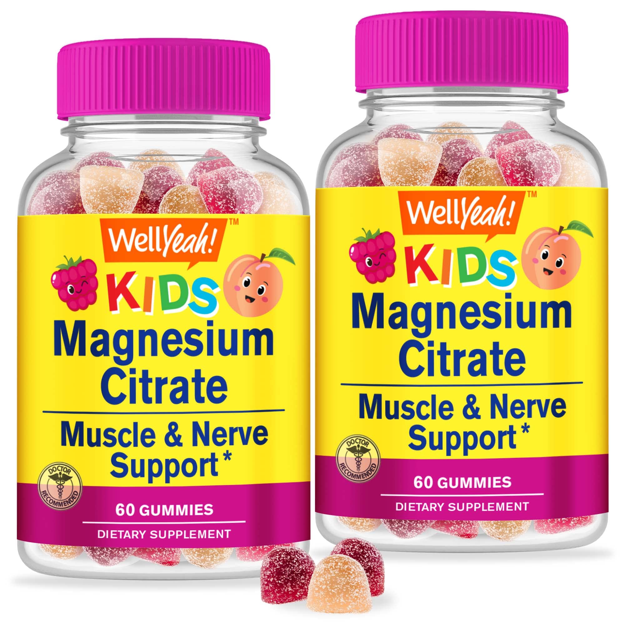 WellYeah magnesium citrate gummies for kids, bottle close-up, simple daily calming support.