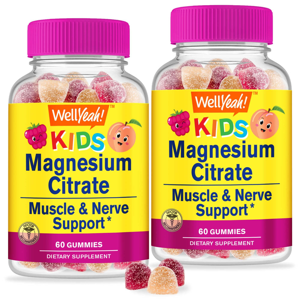 WellYeah magnesium citrate gummies for kids, bottle close-up, simple daily calming support.