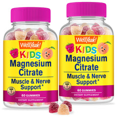 WellYeah magnesium citrate gummies for kids, bottle close-up, simple daily calming support.