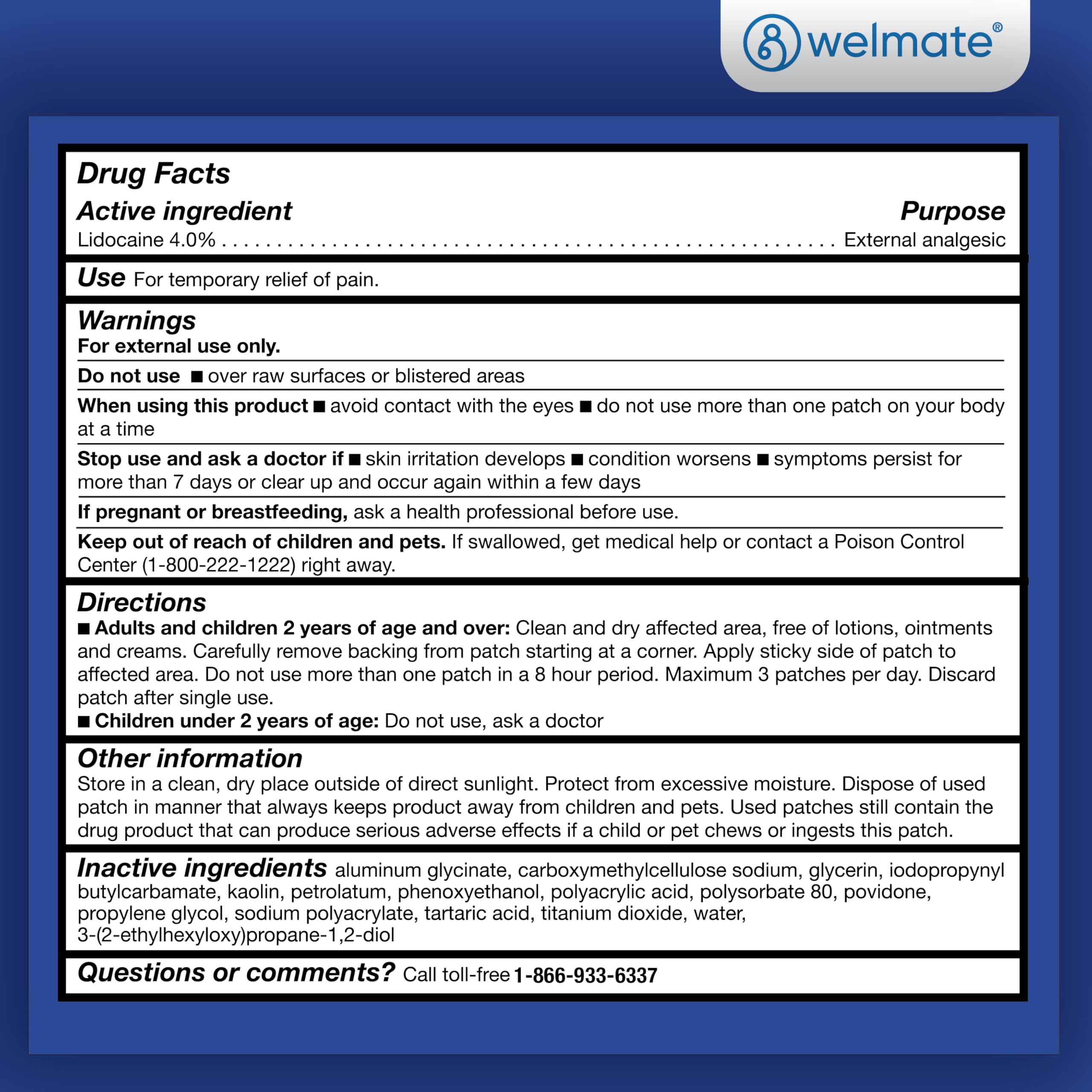 WELMATE patch box illustrating back, knee, and shoulder use