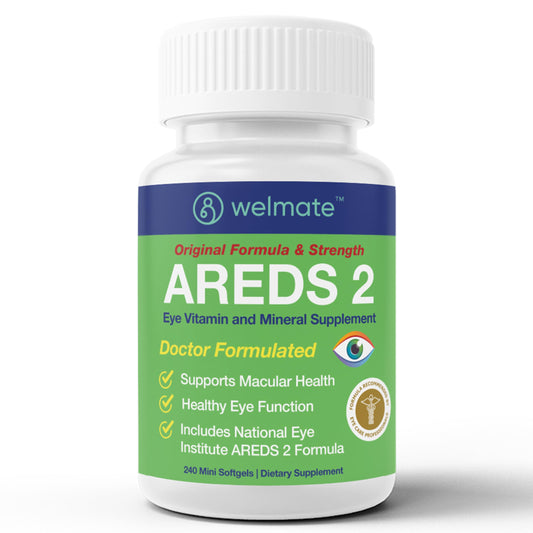 WELMATE AREDS 2 bottle with two mini softgels for daily eye support