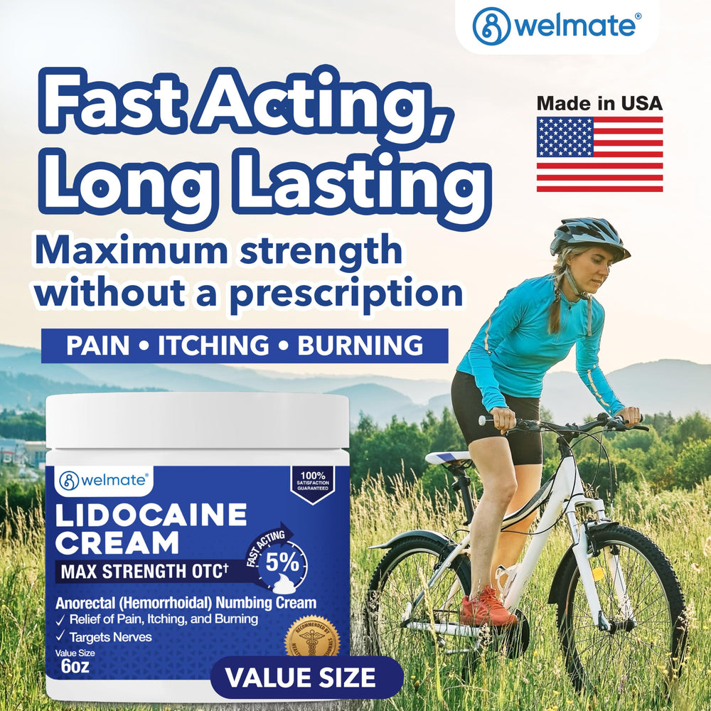 WELMATE lidocaine label close-up emphasizes 5% strength for relief