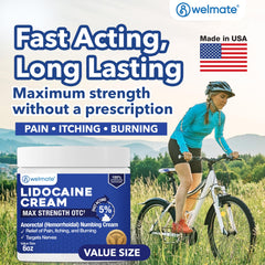 WELMATE lidocaine label close-up emphasizes 5% strength for relief
