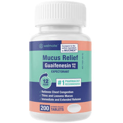 WELMATE Mucus Relief bottle front clearly identifies 600mg extended-release tablets for easy dosing.