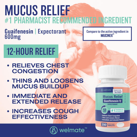 WELMATE Mucus Relief label close-up shows dosage and 12-hour relief promise.