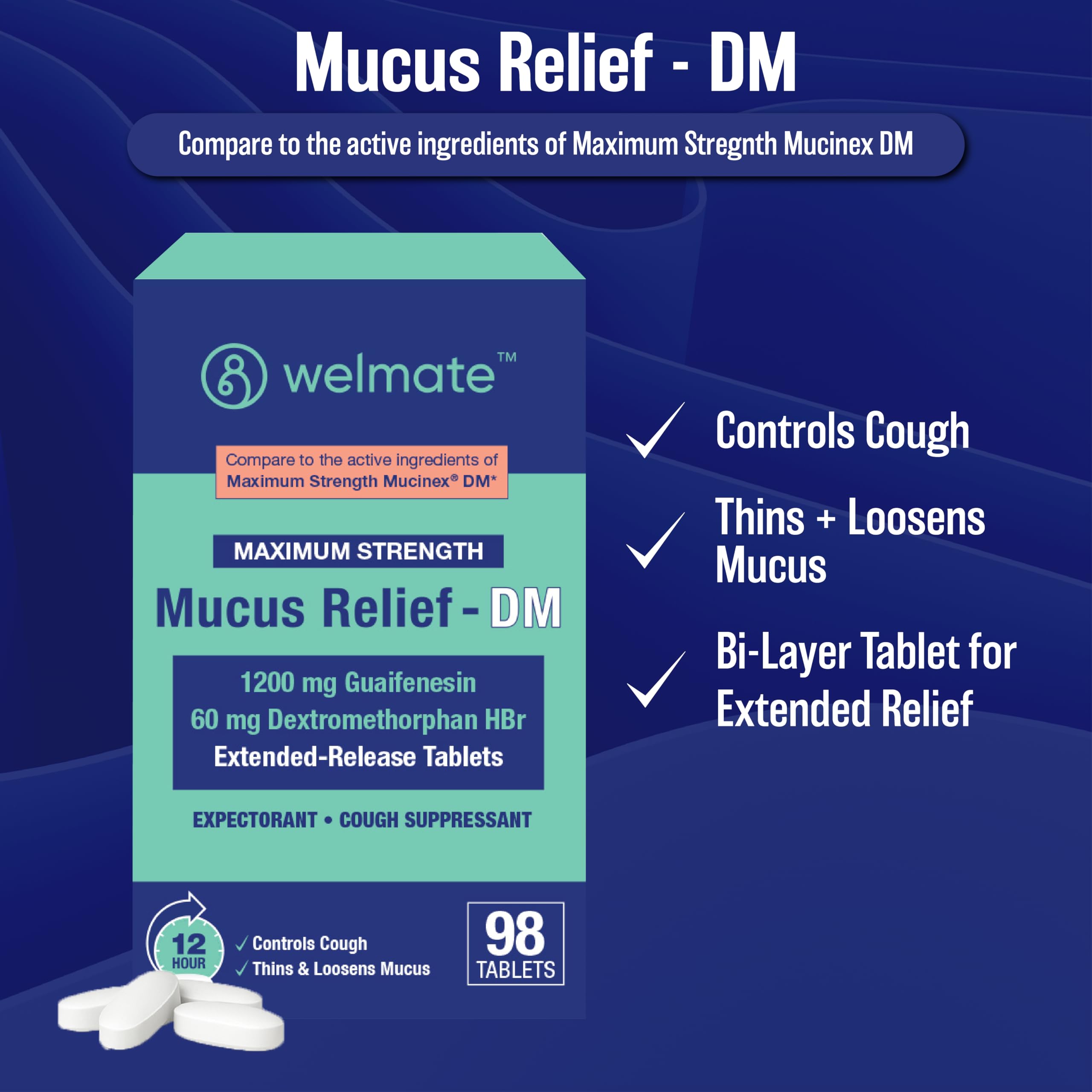 Close-up of WELMATE mucus relief DM tablet highlighting dual-layer design for immediate and 12-hour relief