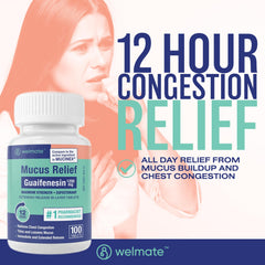 WELMATE Mucus Relief packaging front highlights a 100-count bottle for OTC use.