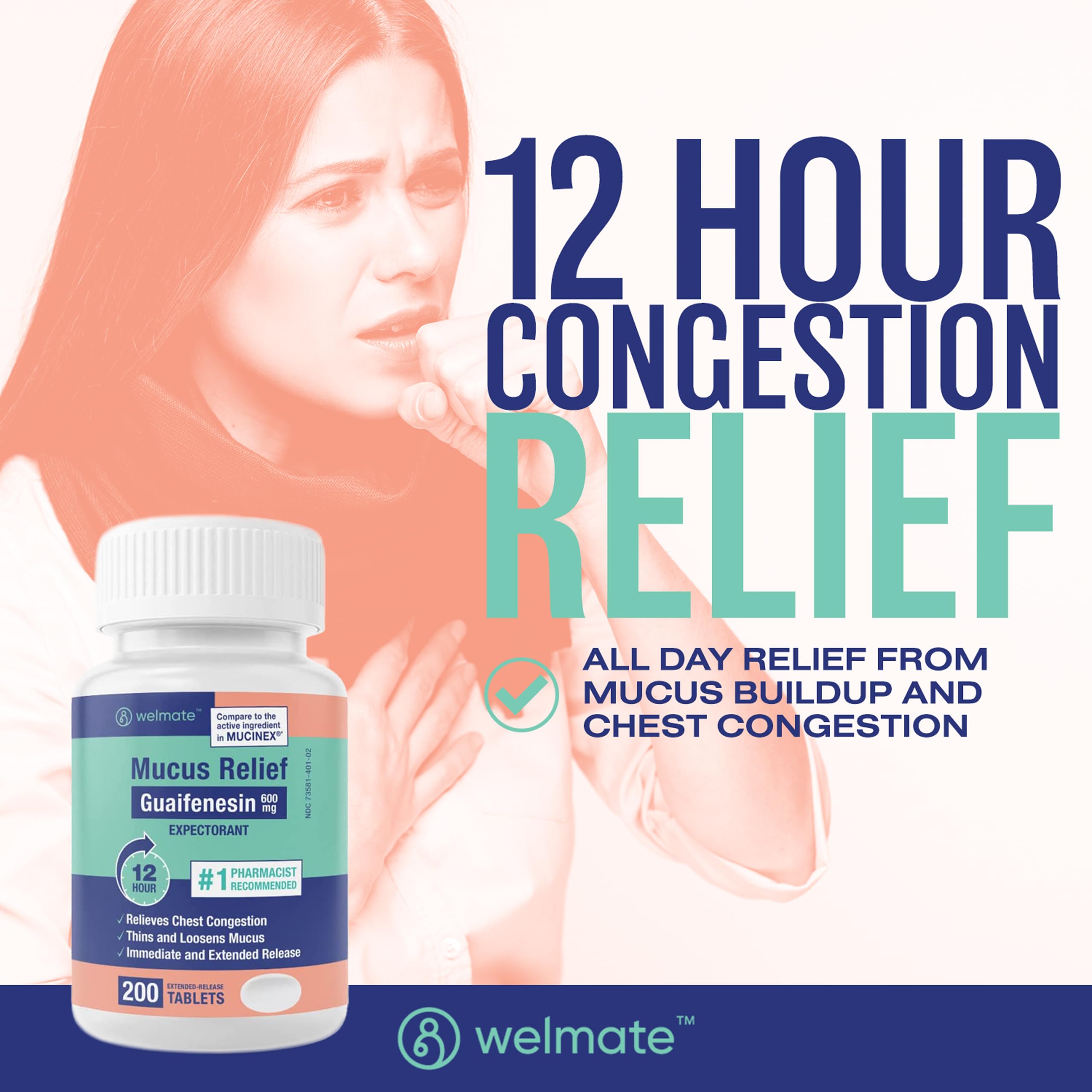 Close-up of WELMATE Mucus Relief tablets showing bi-layer design for quick and long-lasting relief.