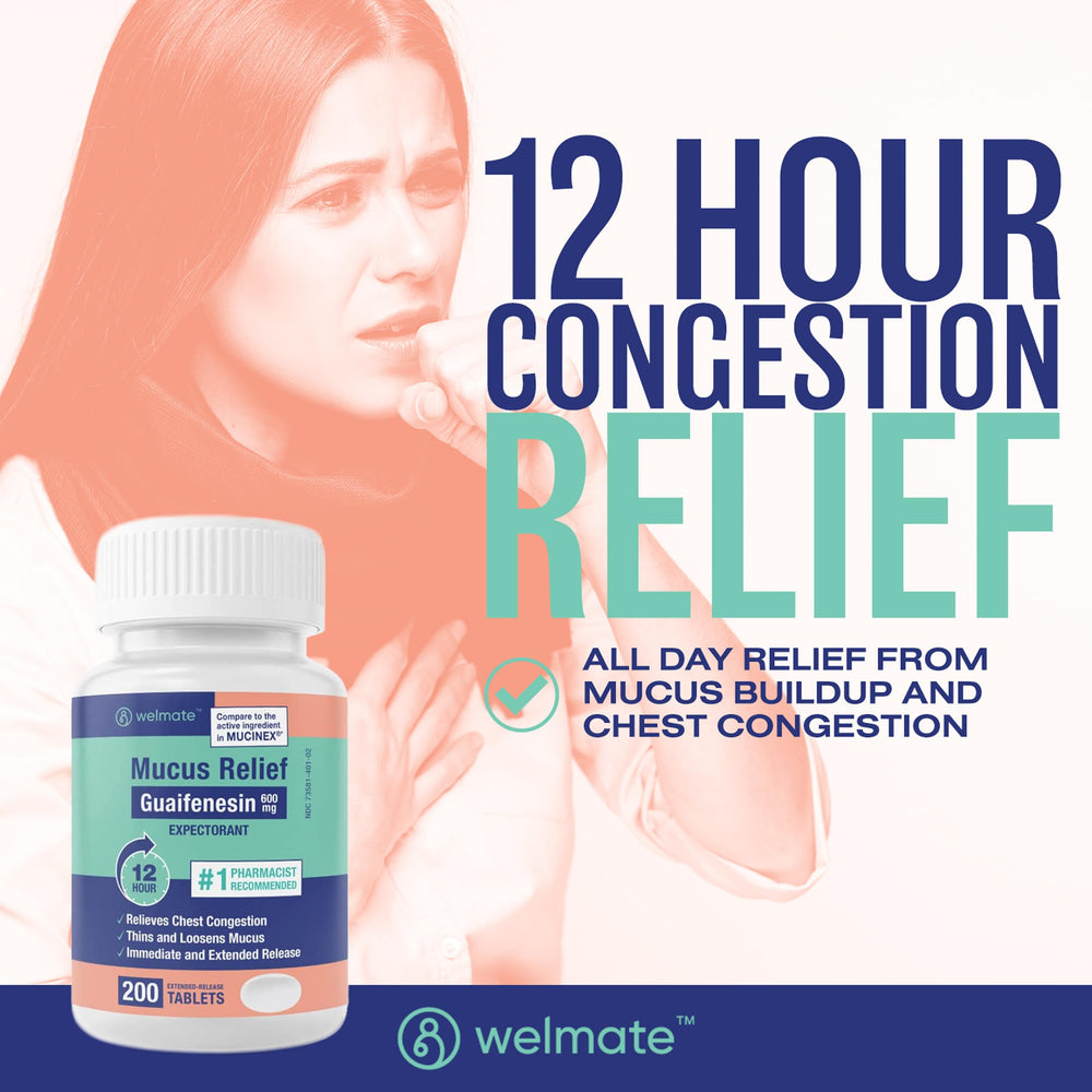 Close-up of WELMATE Mucus Relief tablets showing bi-layer design for quick and long-lasting relief.