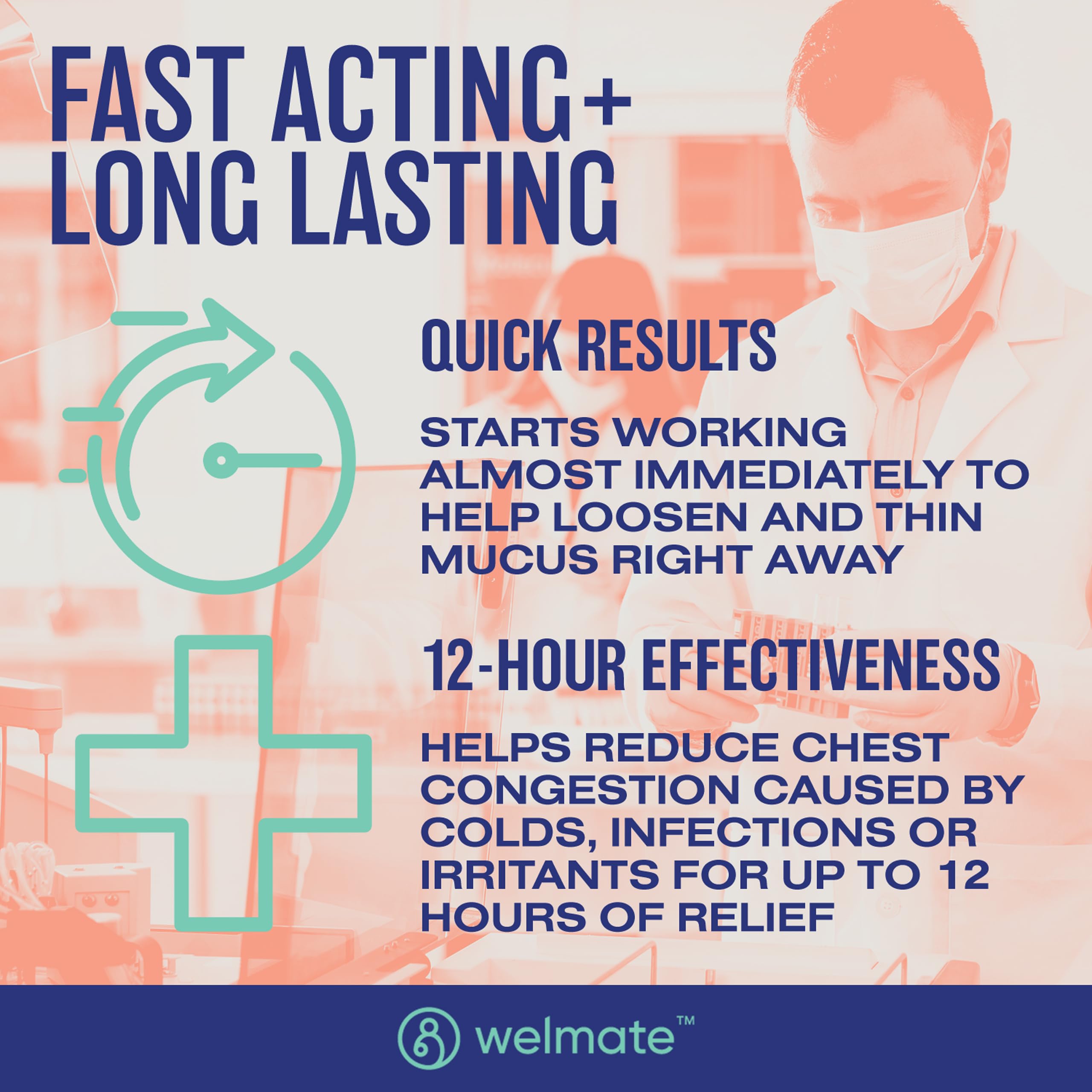 WELMATE Mucus Relief tablets close-up displays bi-layer design for immediate and lasting relief.