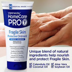 Welmedix Fragile Skin Ointment closeup label highlights calendula and oils