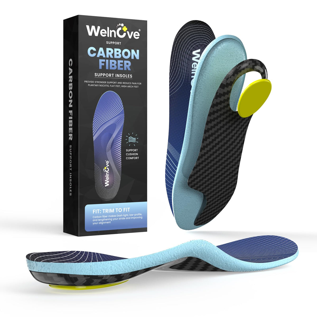 Welnove carbon fiber high arch insoles demonstrate arch stability for daily wear.