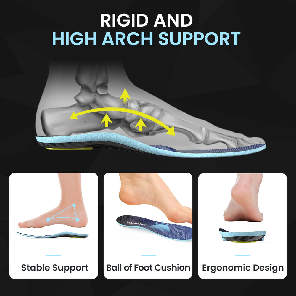 Welnove carbon fiber high arch insoles show heel cushioning to absorb impact.