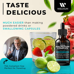 Two bottles of WELVIUM magnesium drops on a kitchen counter