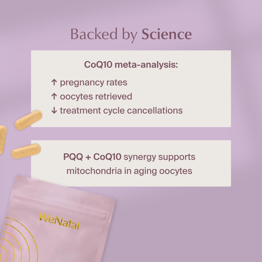 WeNatal Egg Quality+ ingredients panel with CoQ10, NAC, and PQQ