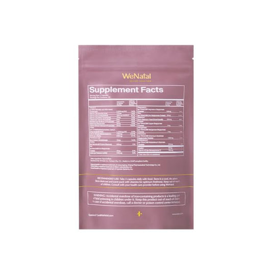 WeNatal for Her 30-day supply packaging shows clean, vegan prenatal convenience.