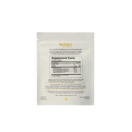 WeNatal Omega DHA+ bottle on kitchen counter for daily prenatal and fertility support