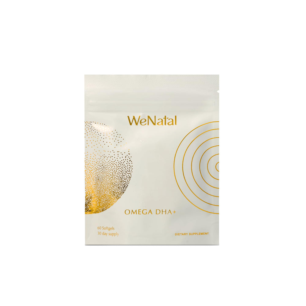 WeNatal Omega DHA+ softgels close-up highlighting premium triglyceride omega-3s for brain support