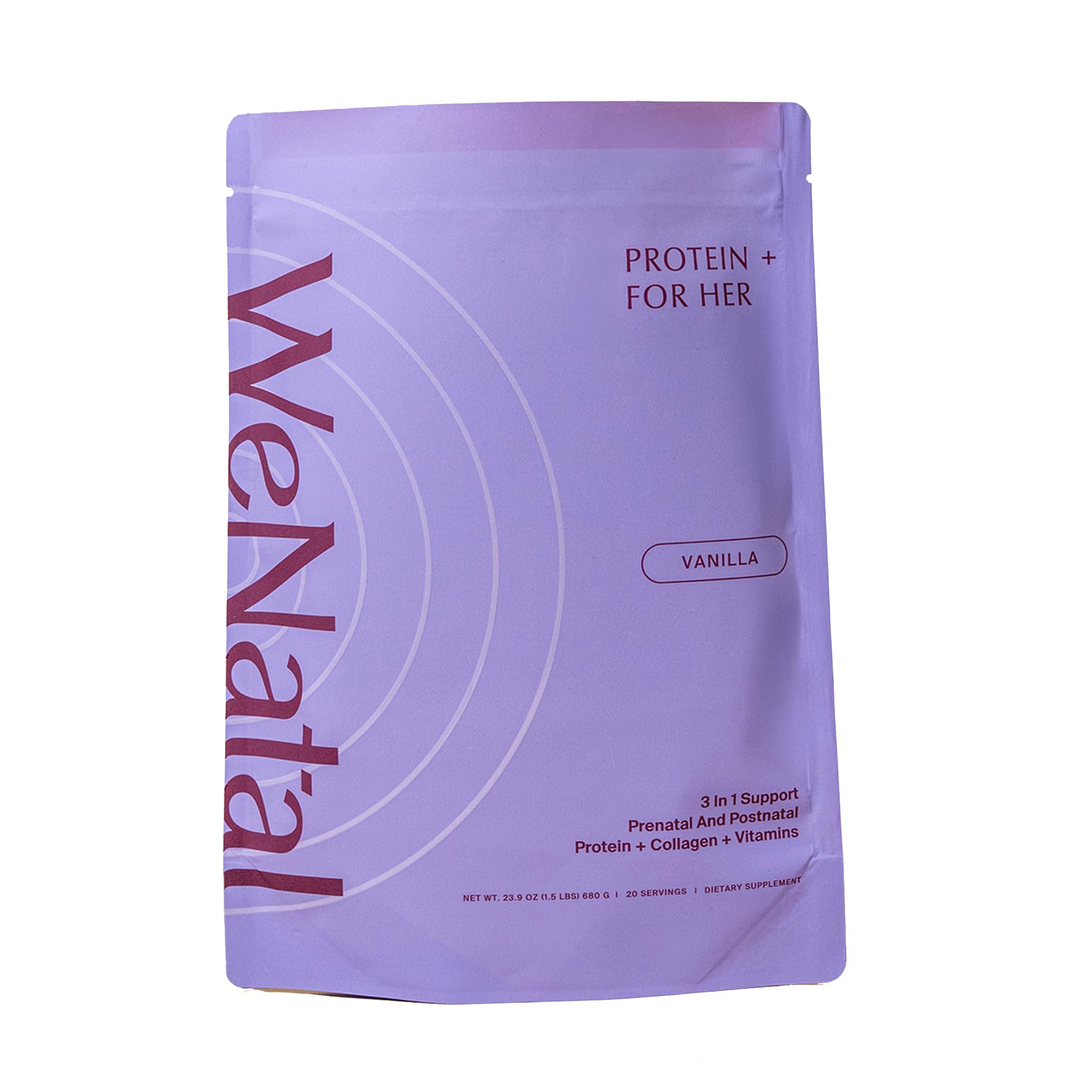 WeNatal Prenatal Protein+ for Her vanilla bottle showing clean protein and choline benefits