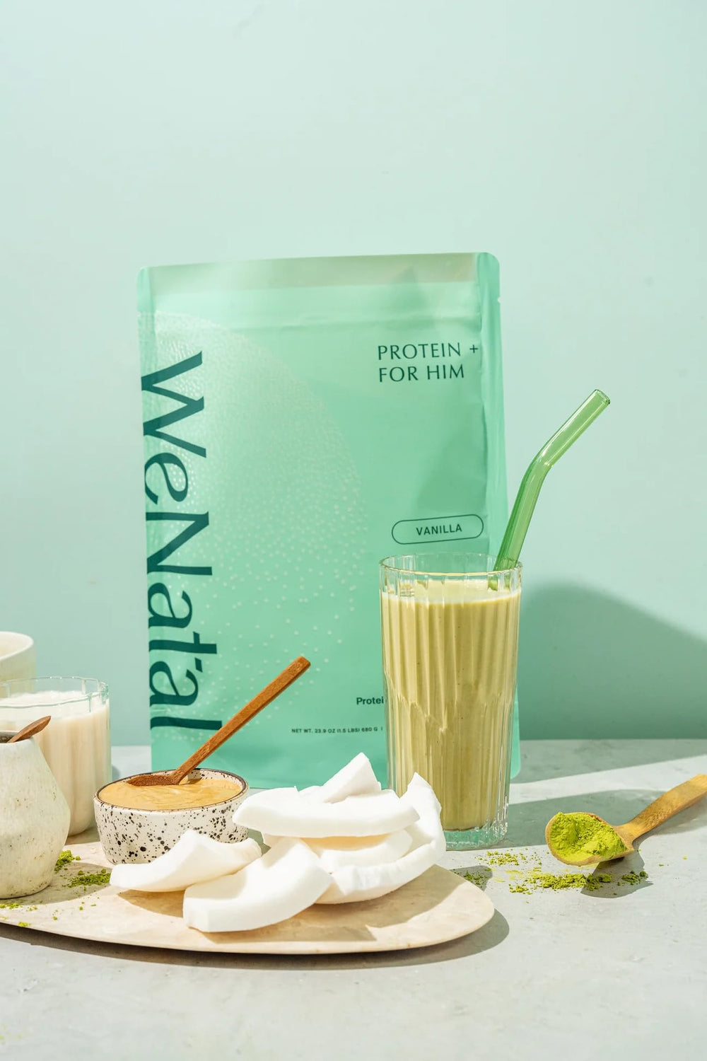 Close-up of WeNatal Protein for Him label highlighting non-GMO ingredients