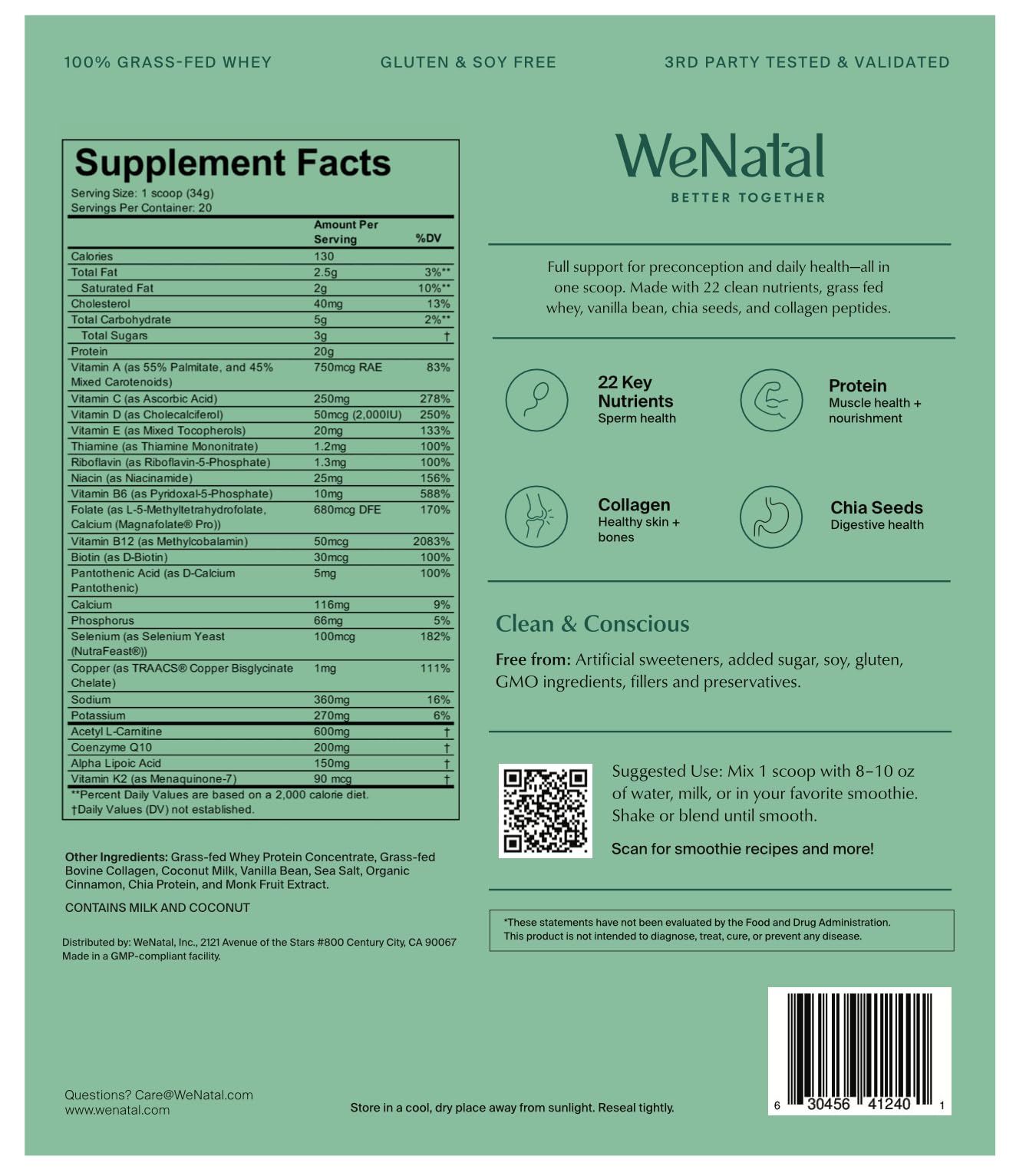 Packaging of WeNatal Protein for Him showingUSA made in a GMP facility