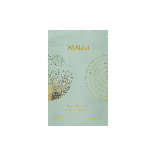 WeNatal Rest + Digest bottle with capsules for relaxation and digestion support.