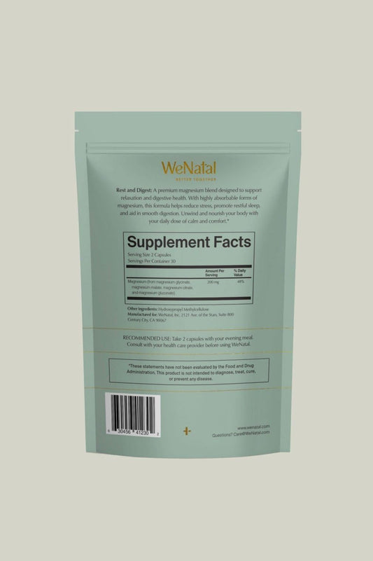 Closeup of WeNatal Rest + Digest capsules showing gentle magnesium forms for calm sleep.
