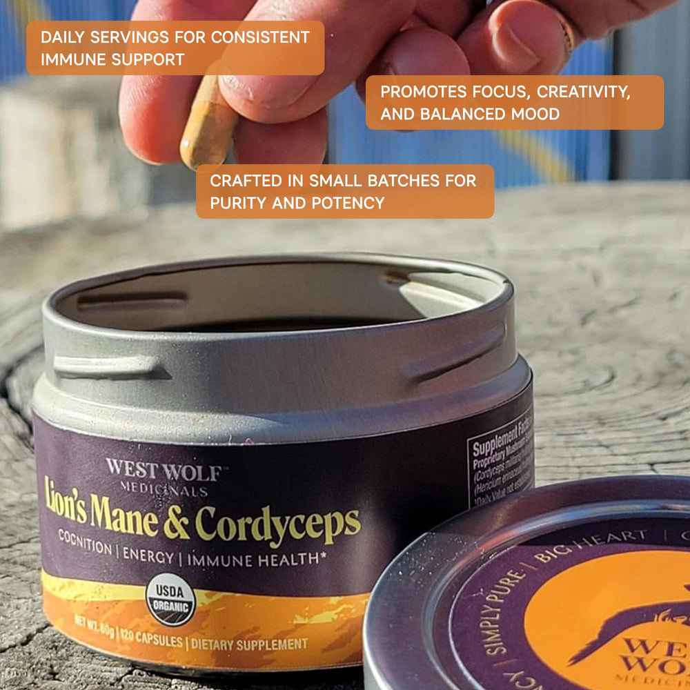 West Wolf Medicinals capsules closeup showing potent mushroom capsules for cognitive support.