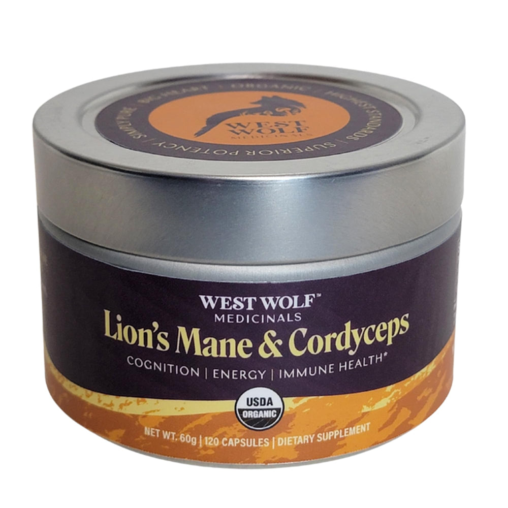 West Wolf Medicinals Lion's Mane and Cordyceps bottle front for daily focus and energy.