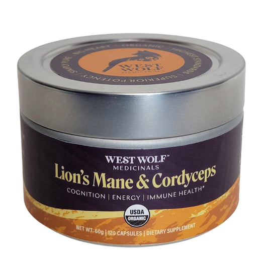 West Wolf Medicinals Lion's Mane and Cordyceps bottle front for daily focus and energy.